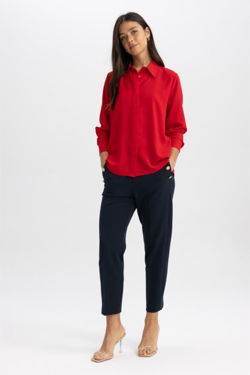 Woman Red Slim Fit Crepe Long Sleeve Shirt