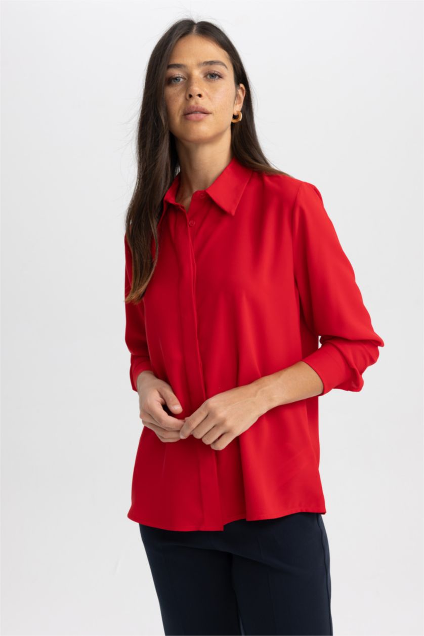 Woman Red Slim Fit Crepe Long Sleeve Shirt