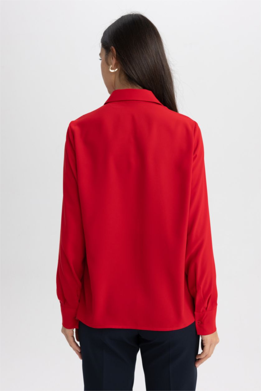Woman Red Slim Fit Crepe Long Sleeve Shirt