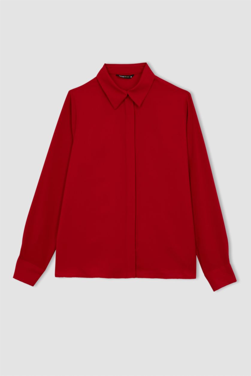 Woman Red Slim Fit Crepe Long Sleeve Shirt
