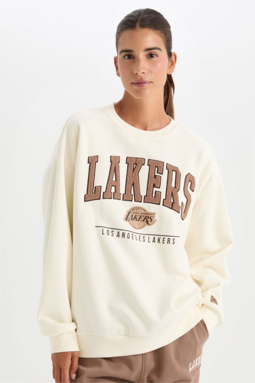 WOMAN Ecru DeFactoFit NBA Los Angeles Lakers Oversize Fit Thick Fabric Sweatshirt