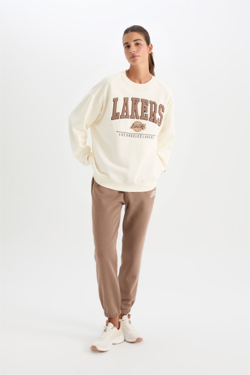 WOMAN Ecru DeFactoFit NBA Los Angeles Lakers Oversize Fit Thick Fabric Sweatshirt