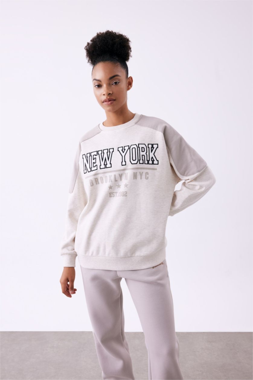 WOMAN Ecru Melange DeFactoFit Oversize Fit Crew Neck Thick Sweatshirt