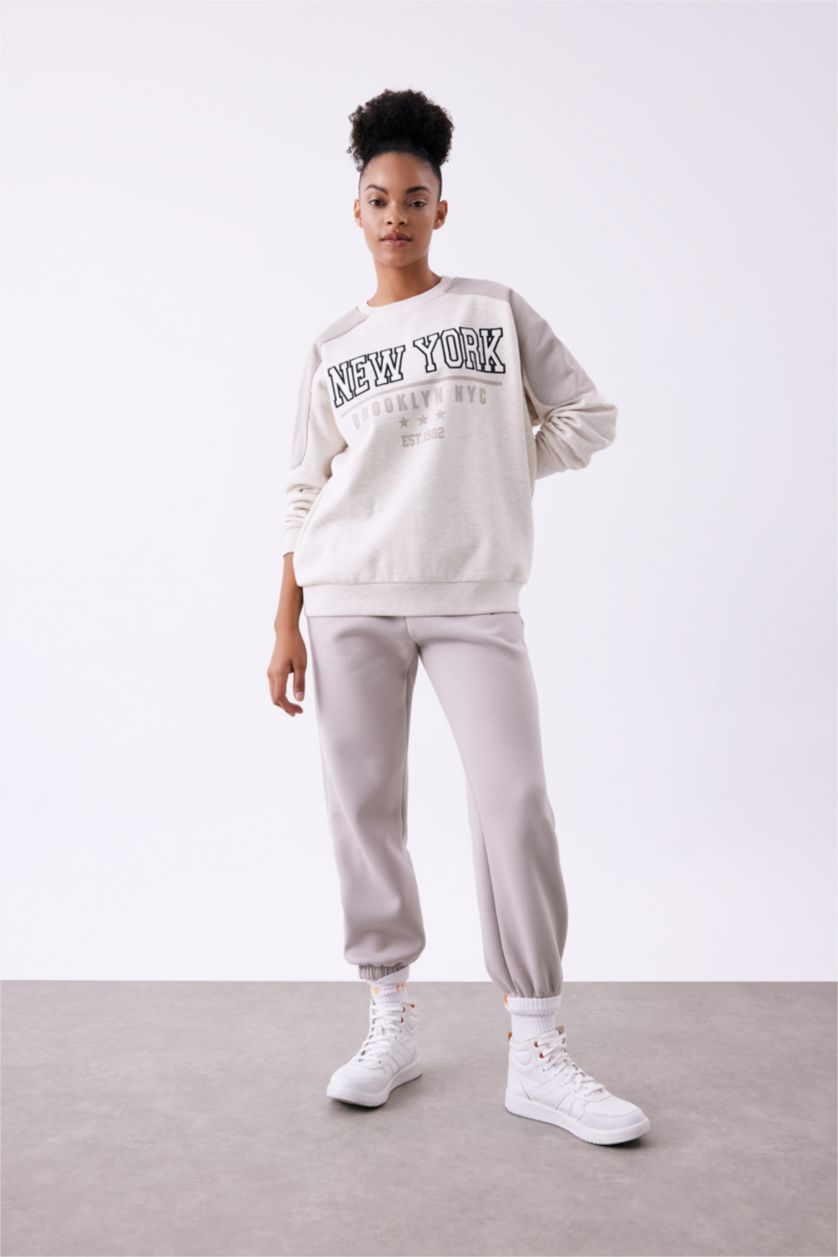 WOMAN Ecru Melange DeFactoFit Oversize Fit Crew Neck Thick Sweatshirt