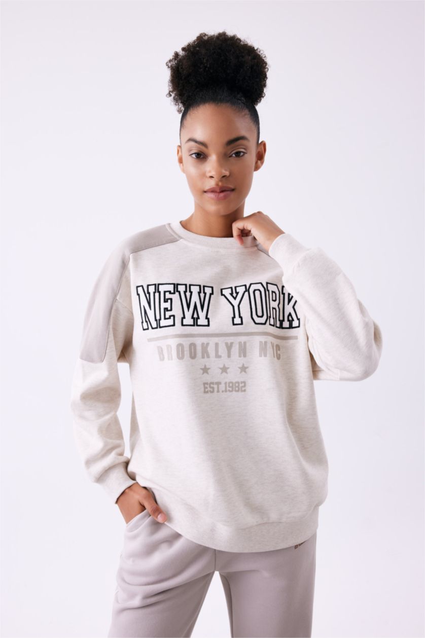 WOMAN Ecru Melange DeFactoFit Oversize Fit Crew Neck Thick Sweatshirt