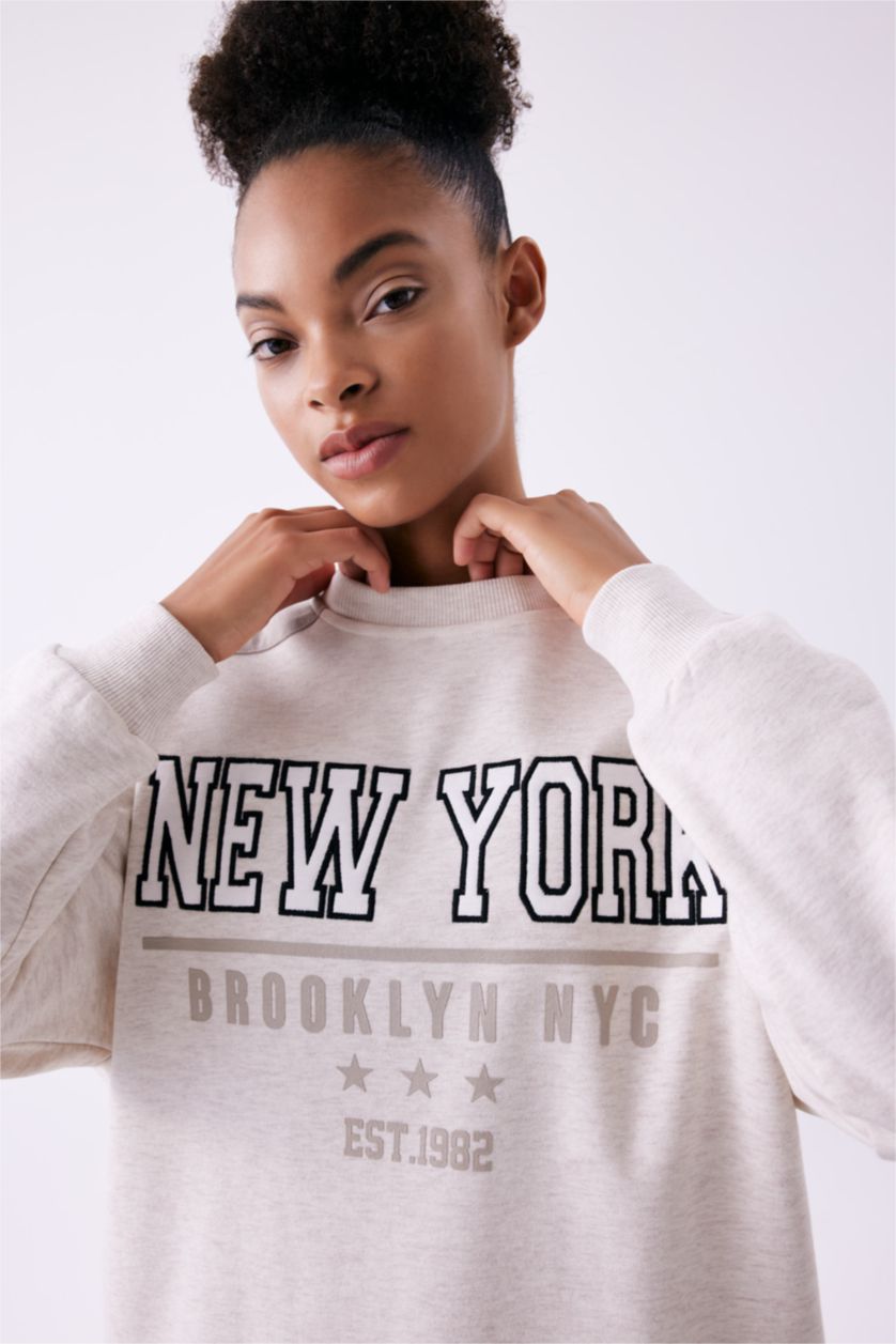 WOMAN Ecru Melange DeFactoFit Oversize Fit Crew Neck Thick Sweatshirt