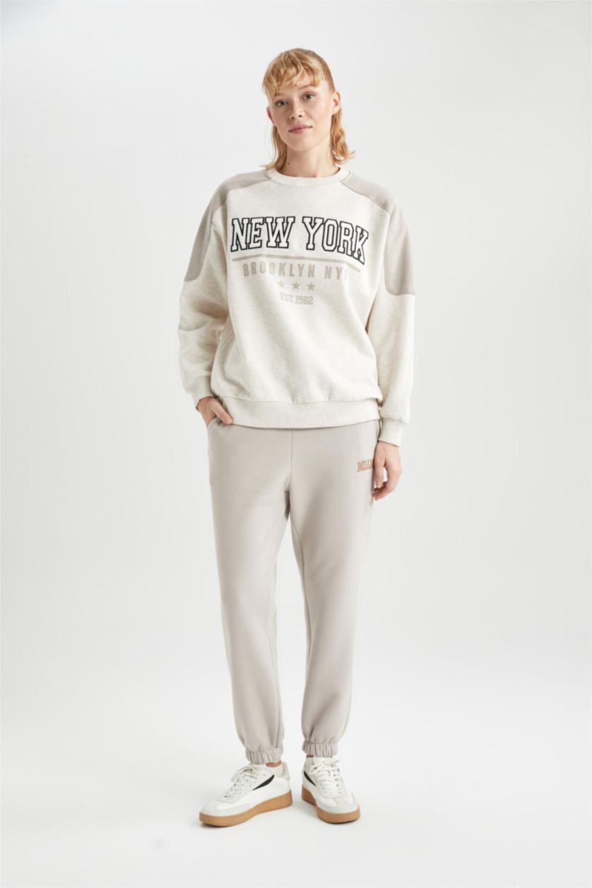 WOMAN Ecru Melange DeFactoFit Oversize Fit Crew Neck Thick Sweatshirt