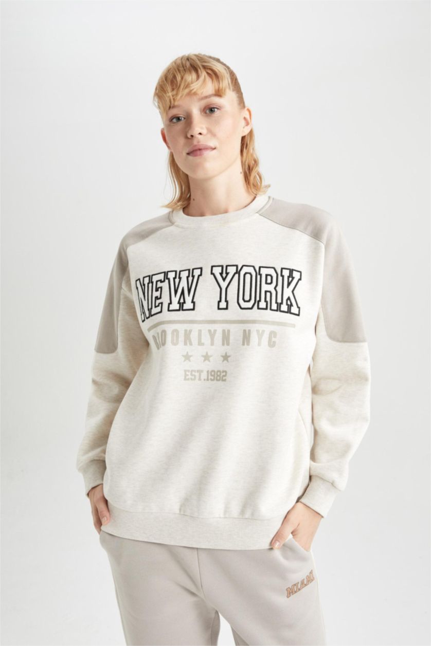 WOMAN Ecru Melange DeFactoFit Oversize Fit Crew Neck Thick Sweatshirt