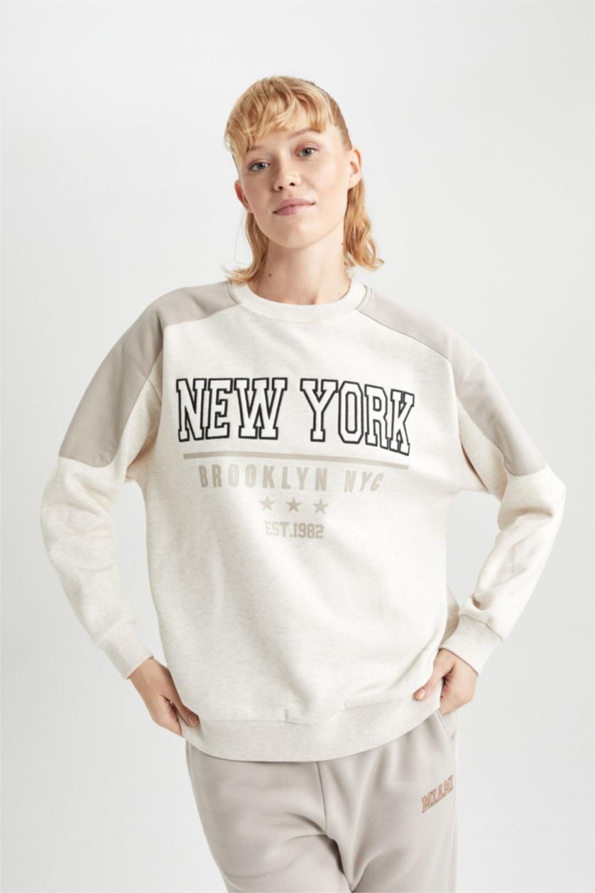 WOMAN Ecru Melange DeFactoFit Oversize Fit Crew Neck Thick Sweatshirt