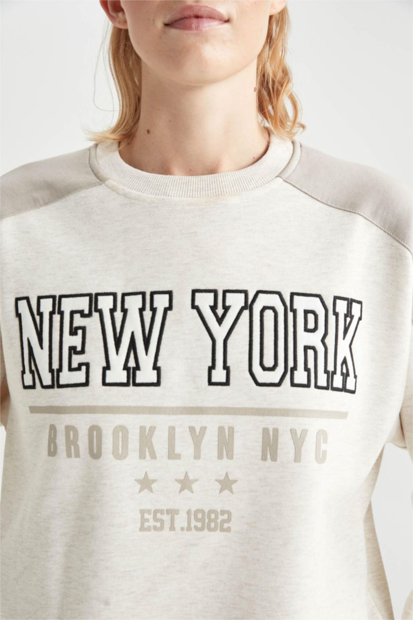 WOMAN Ecru Melange DeFactoFit Oversize Fit Crew Neck Thick Sweatshirt