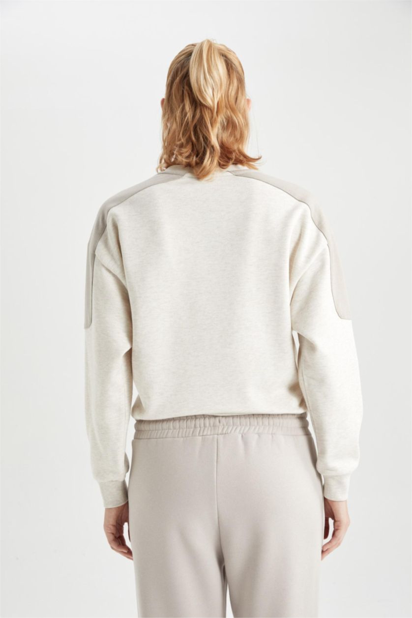WOMAN Ecru Melange DeFactoFit Oversize Fit Crew Neck Thick Sweatshirt