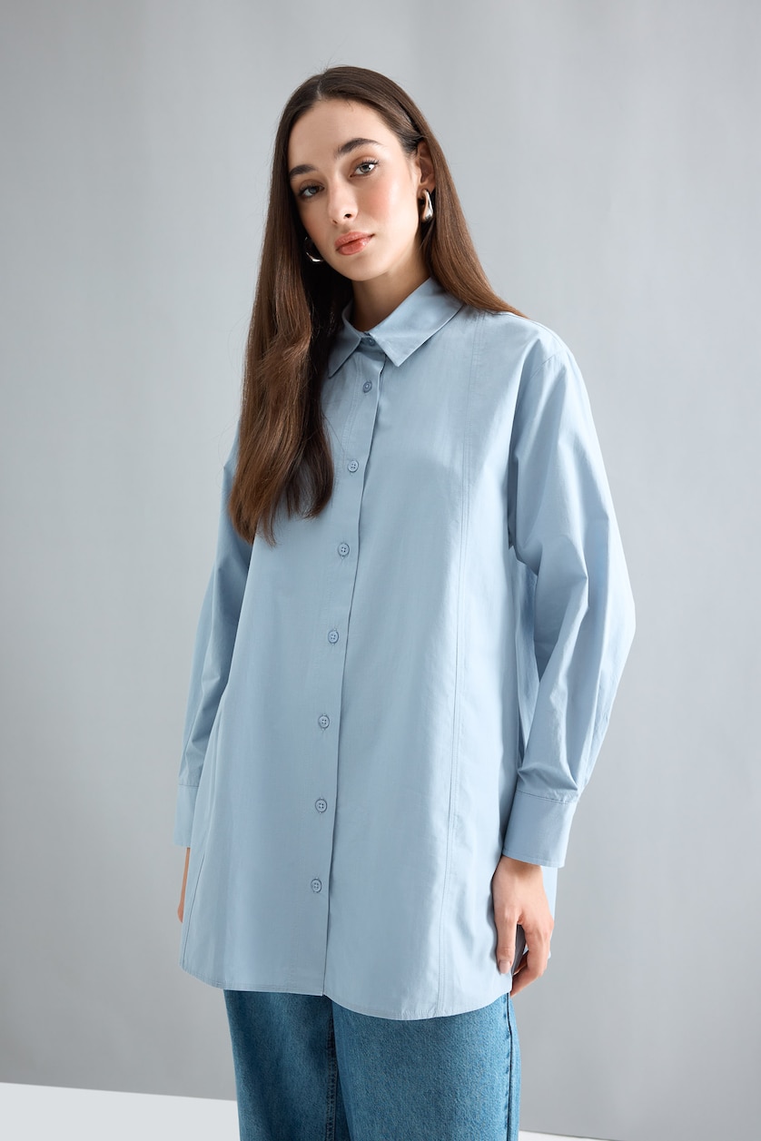 نساء أزرق فاتح Relax Fit Poplin Long Sleeve Tunic