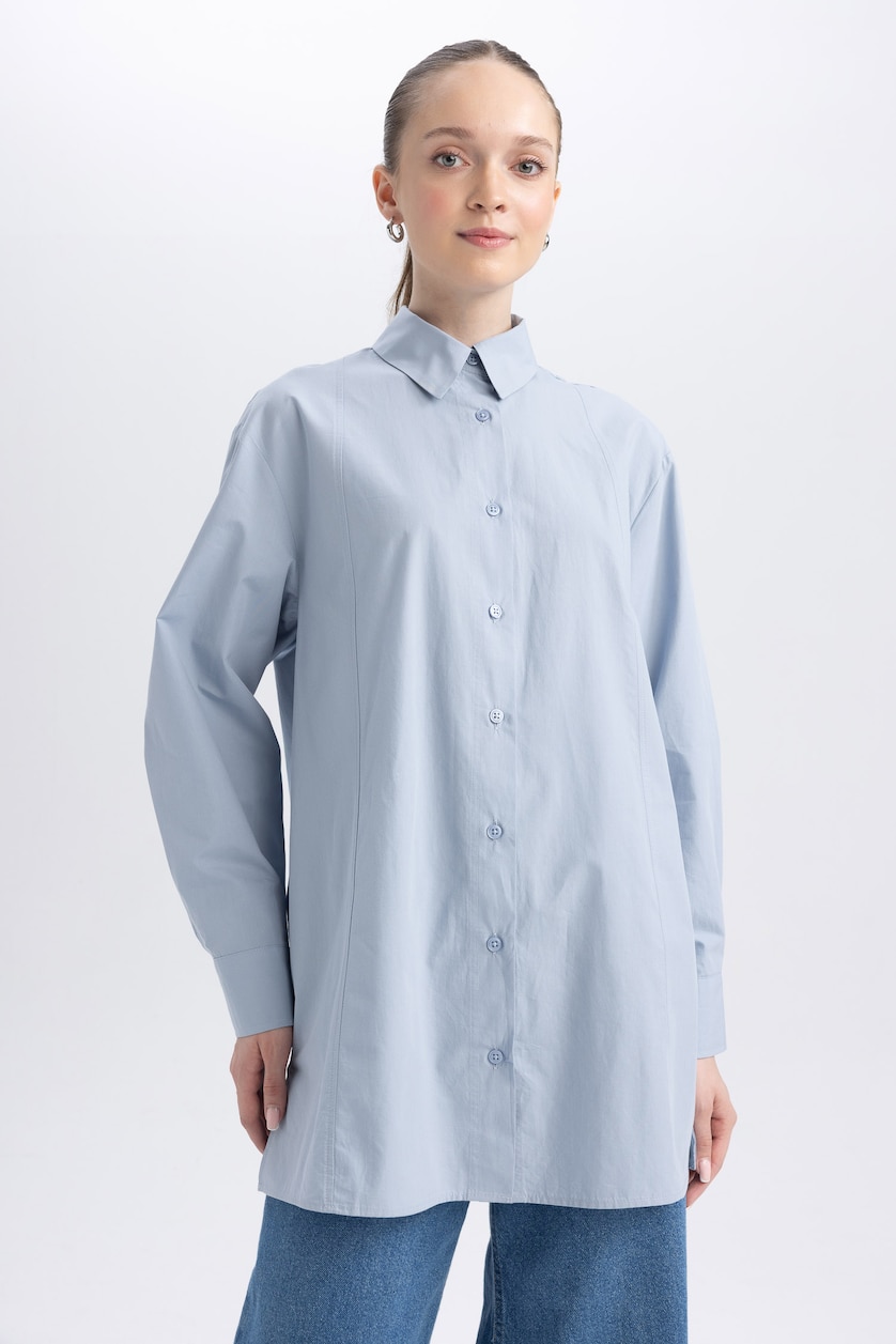 نساء أزرق فاتح Relax Fit Poplin Long Sleeve Tunic