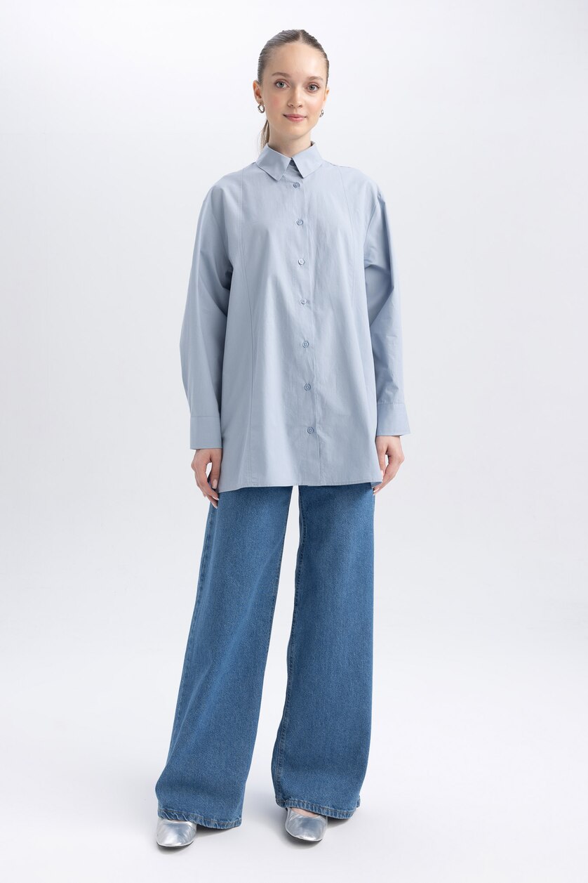 نساء أزرق فاتح Relax Fit Poplin Long Sleeve Tunic