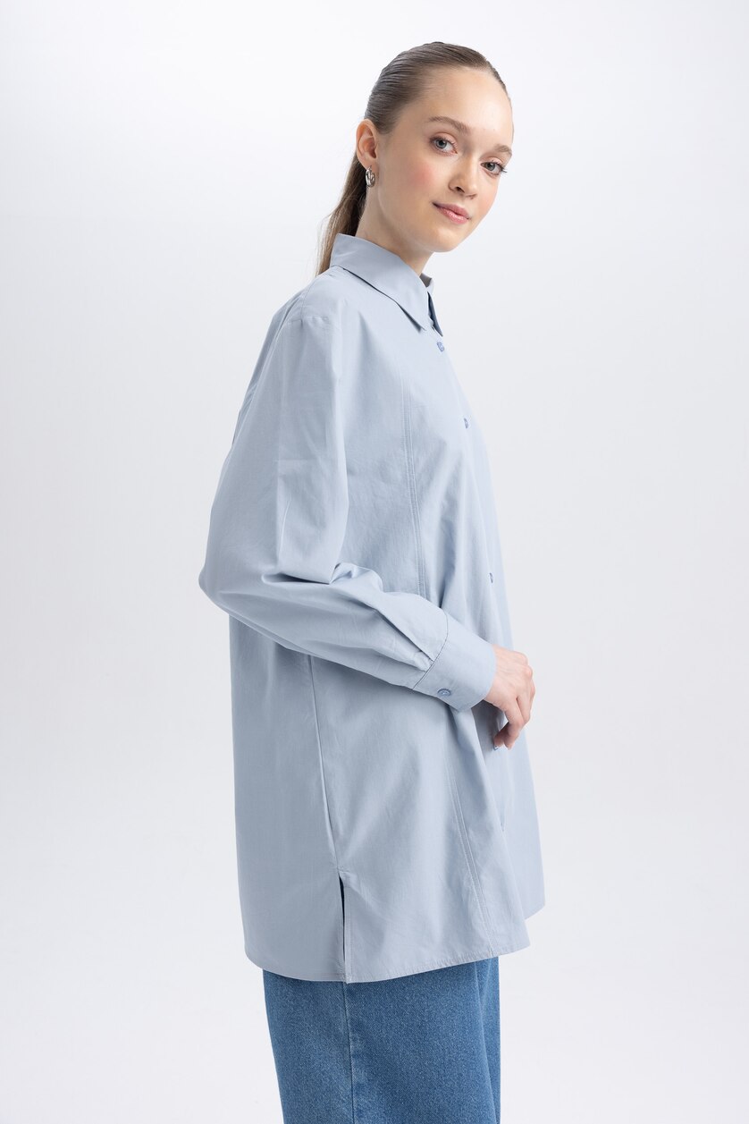 نساء أزرق فاتح Relax Fit Poplin Long Sleeve Tunic