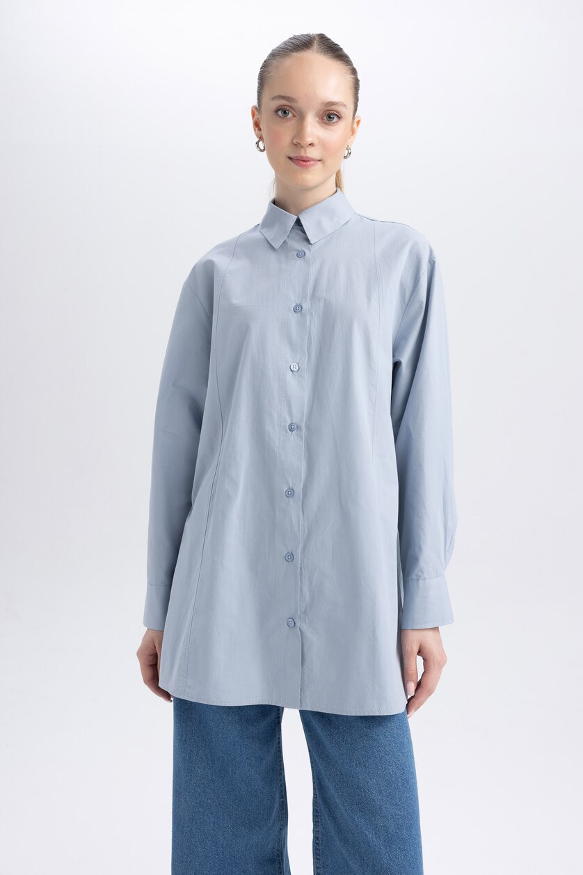نساء أزرق فاتح Relax Fit Poplin Long Sleeve Tunic