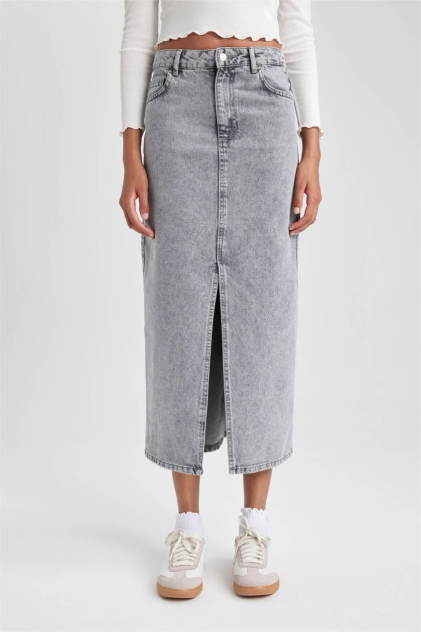 WOMAN Grey Long Fit Denim Skirt