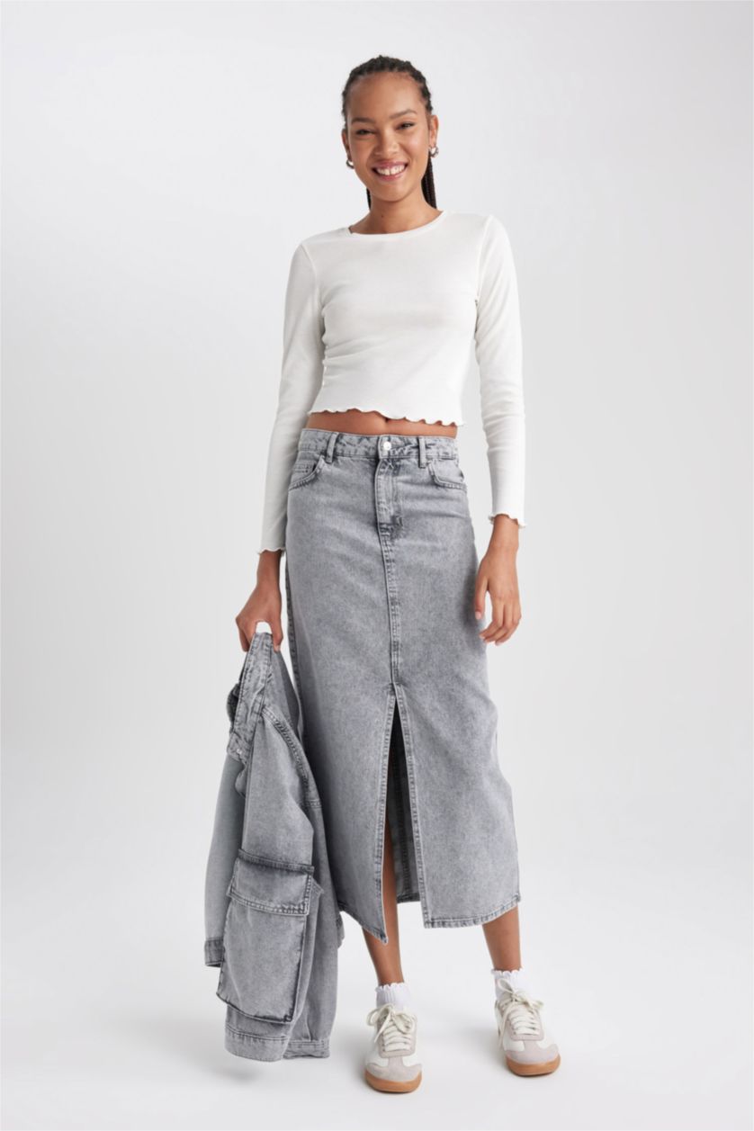 WOMAN Grey Long Fit Denim Skirt