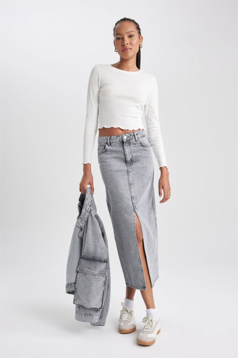 WOMAN Grey Long Fit Denim Skirt