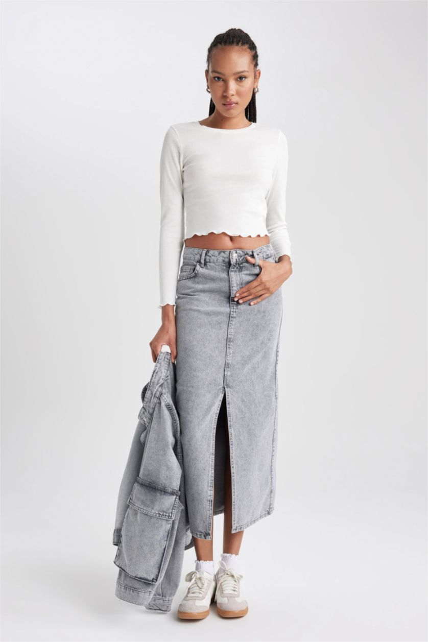 WOMAN Grey Long Fit Denim Skirt