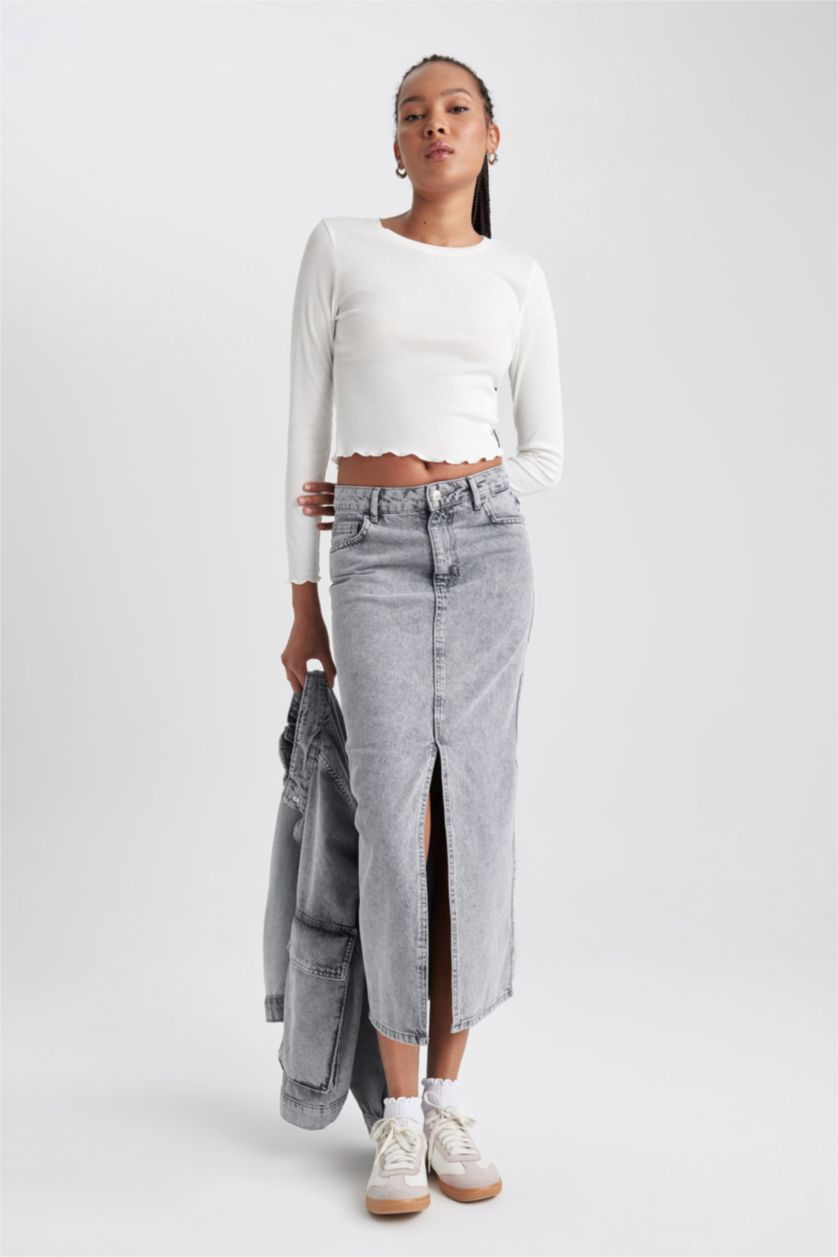 WOMAN Grey Long Fit Denim Skirt