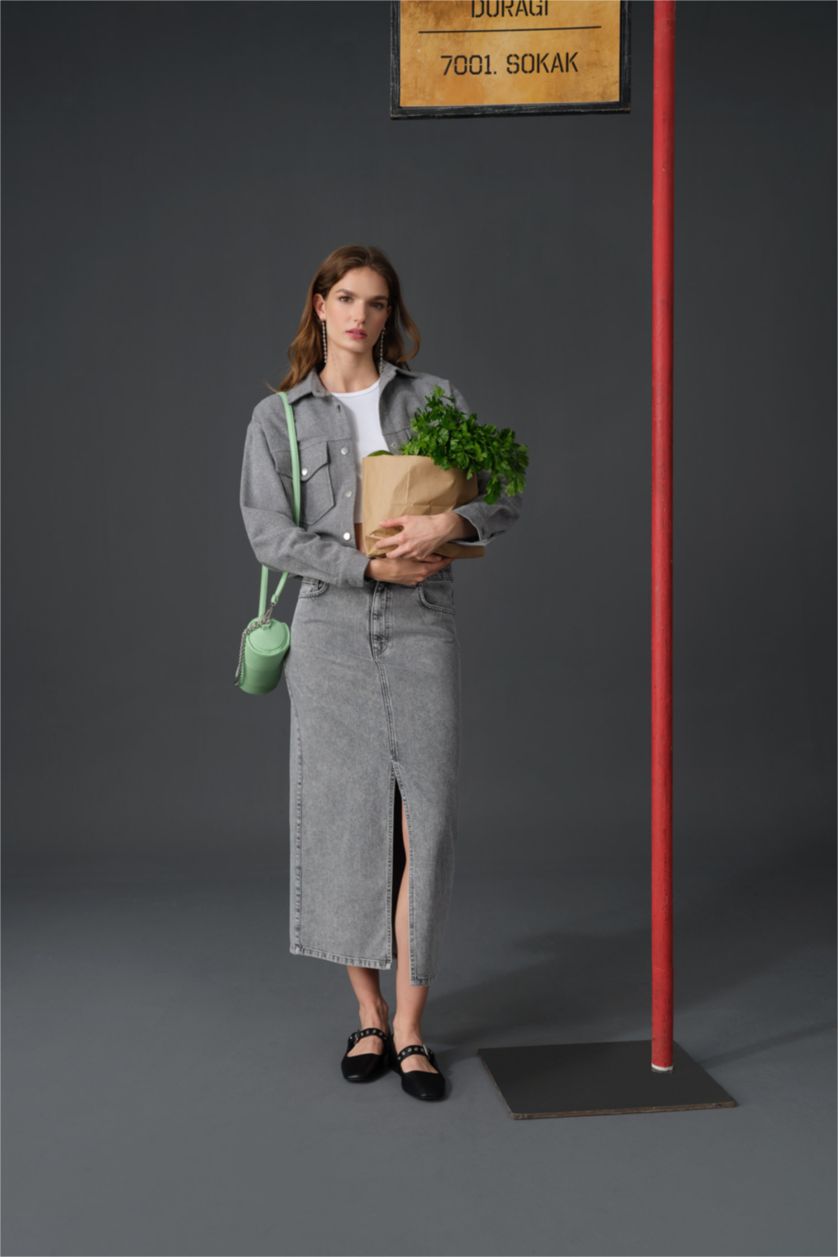 WOMAN Grey Long Fit Denim Skirt