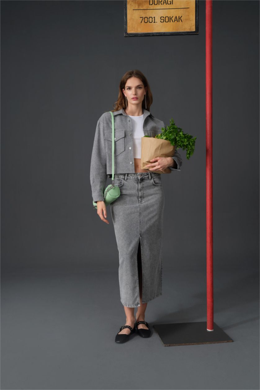 WOMAN Grey Long Fit Denim Skirt