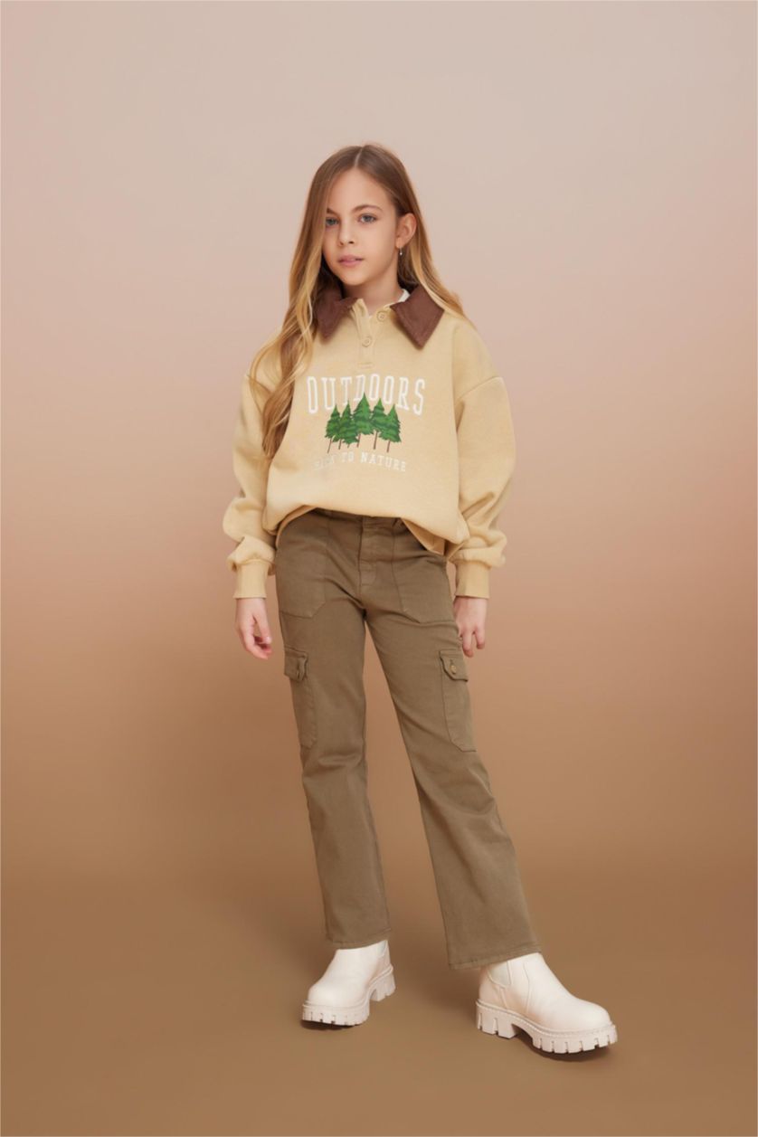 FILLES Kaki Clair Pantalon Cargo Coton à Jambe Large Pour Fille