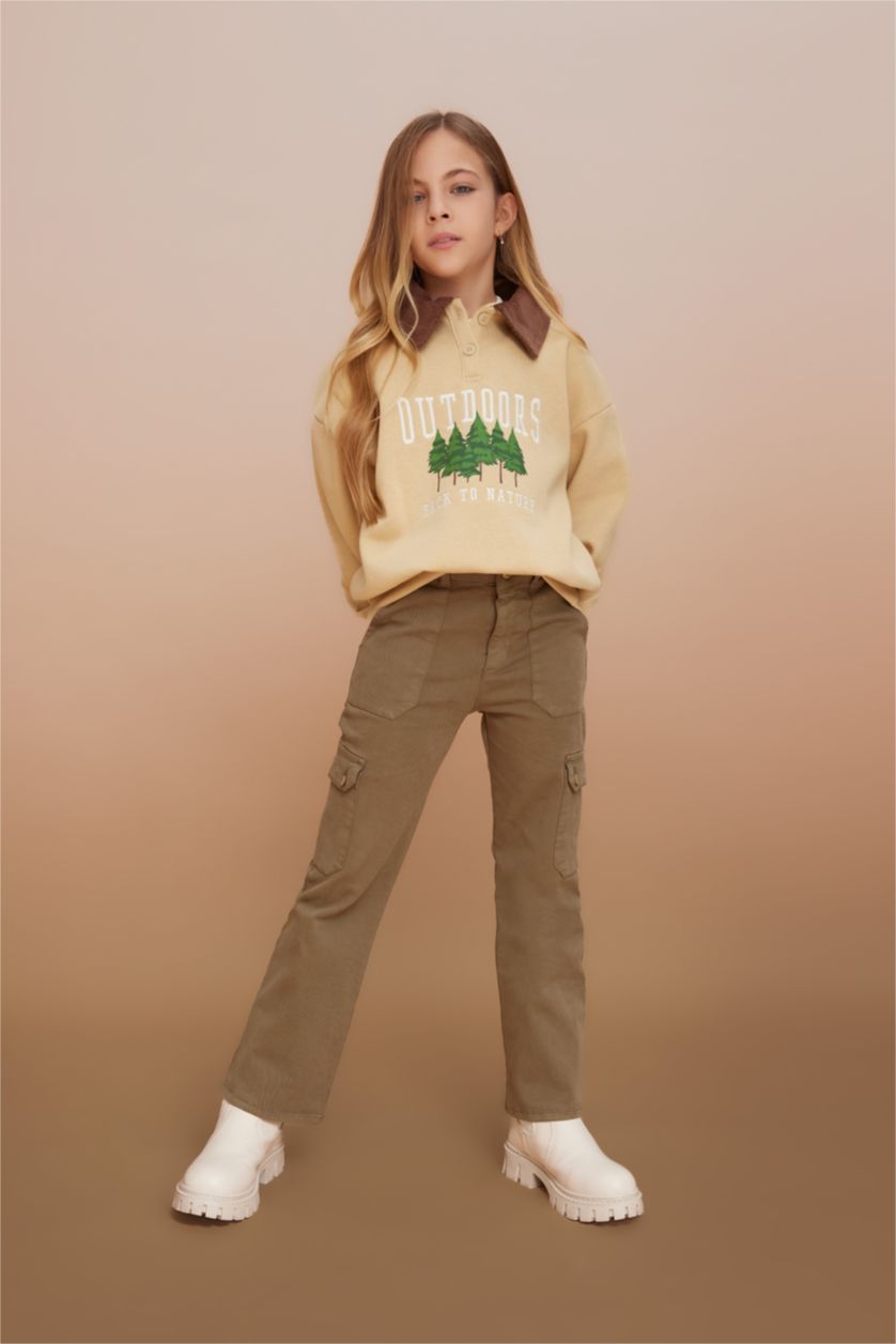 FILLES Kaki Clair Pantalon Cargo Coton à Jambe Large Pour Fille