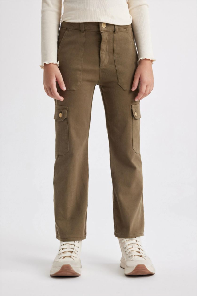 FILLES Kaki Clair Pantalon Cargo Coton à Jambe Large Pour Fille