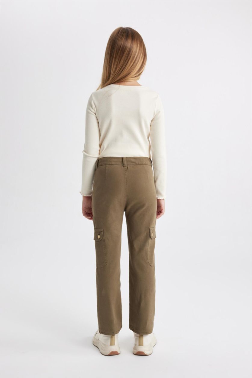 FILLES Kaki Clair Pantalon Cargo Coton à Jambe Large Pour Fille