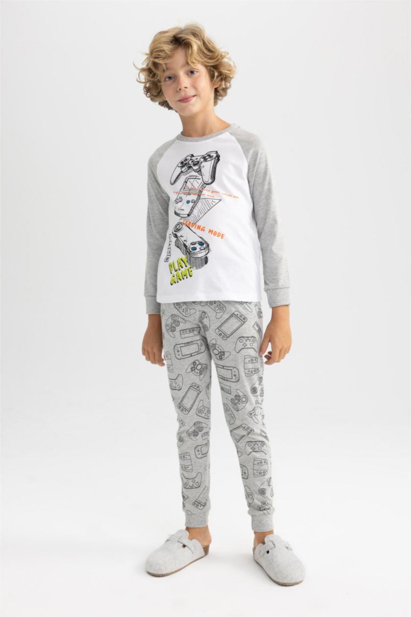 Erkek Çocuk - Genç Erkek Optik Gri Melanj Erkek Çocuk Baskılı Uzun Kollu Pijama Takımı