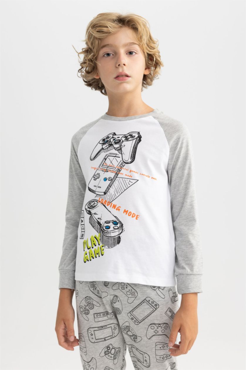 Erkek Çocuk - Genç Erkek Optik Gri Melanj Erkek Çocuk Baskılı Uzun Kollu Pijama Takımı