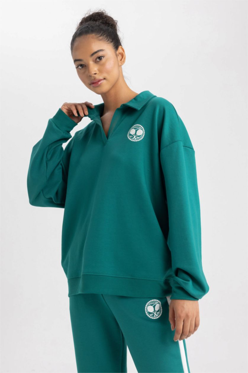 Жіночий Зелений Світшот оверсайз з вирізом поло з принтом слоганом Неопрен для жінок