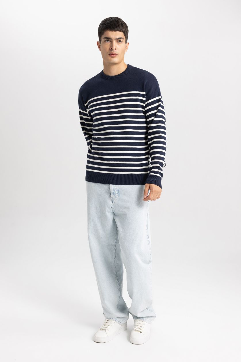 Man NAVY Relax Fit Crew Neck Striped Pullover