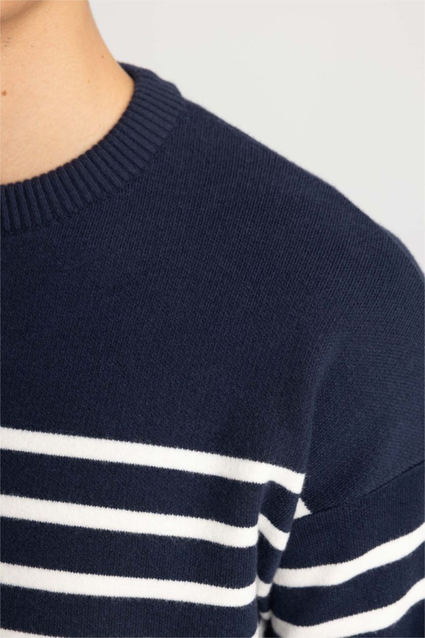 Man NAVY Relax Fit Crew Neck Striped Pullover