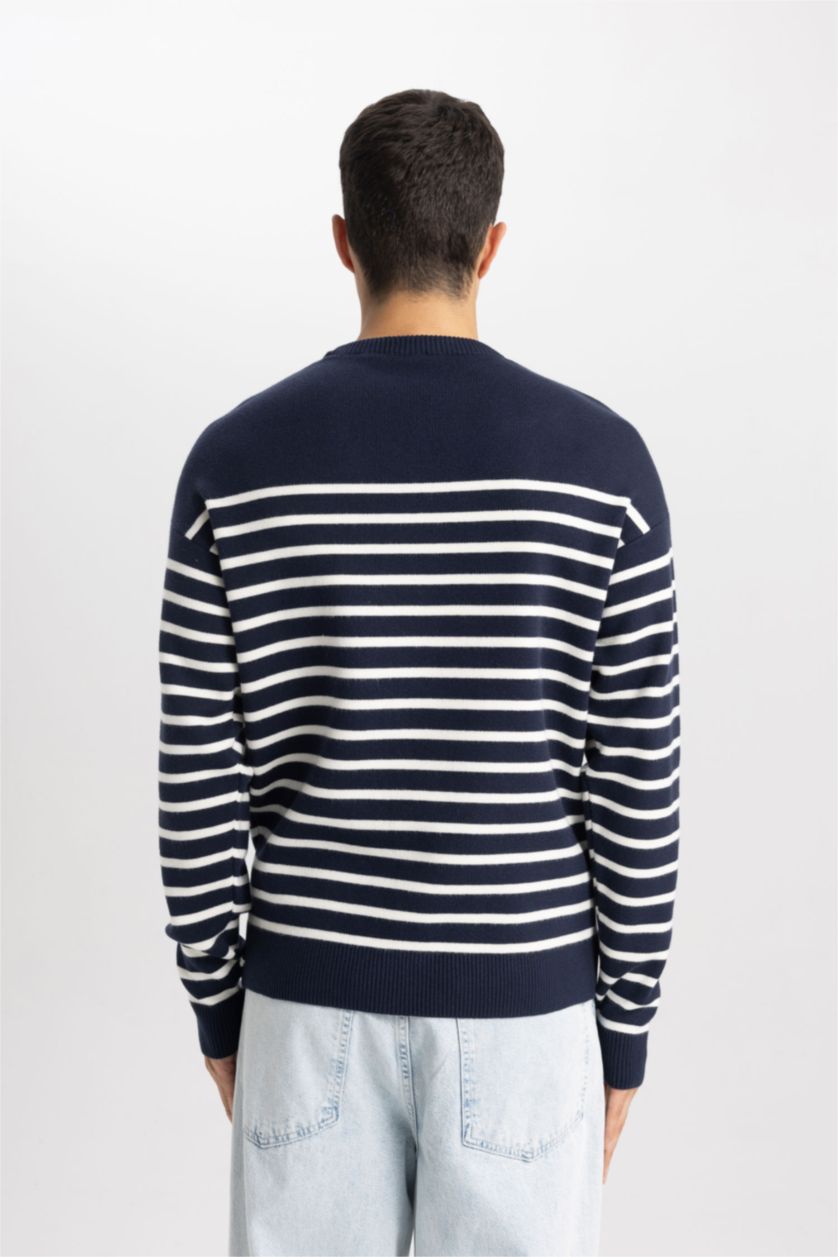 Man NAVY Relax Fit Crew Neck Striped Pullover