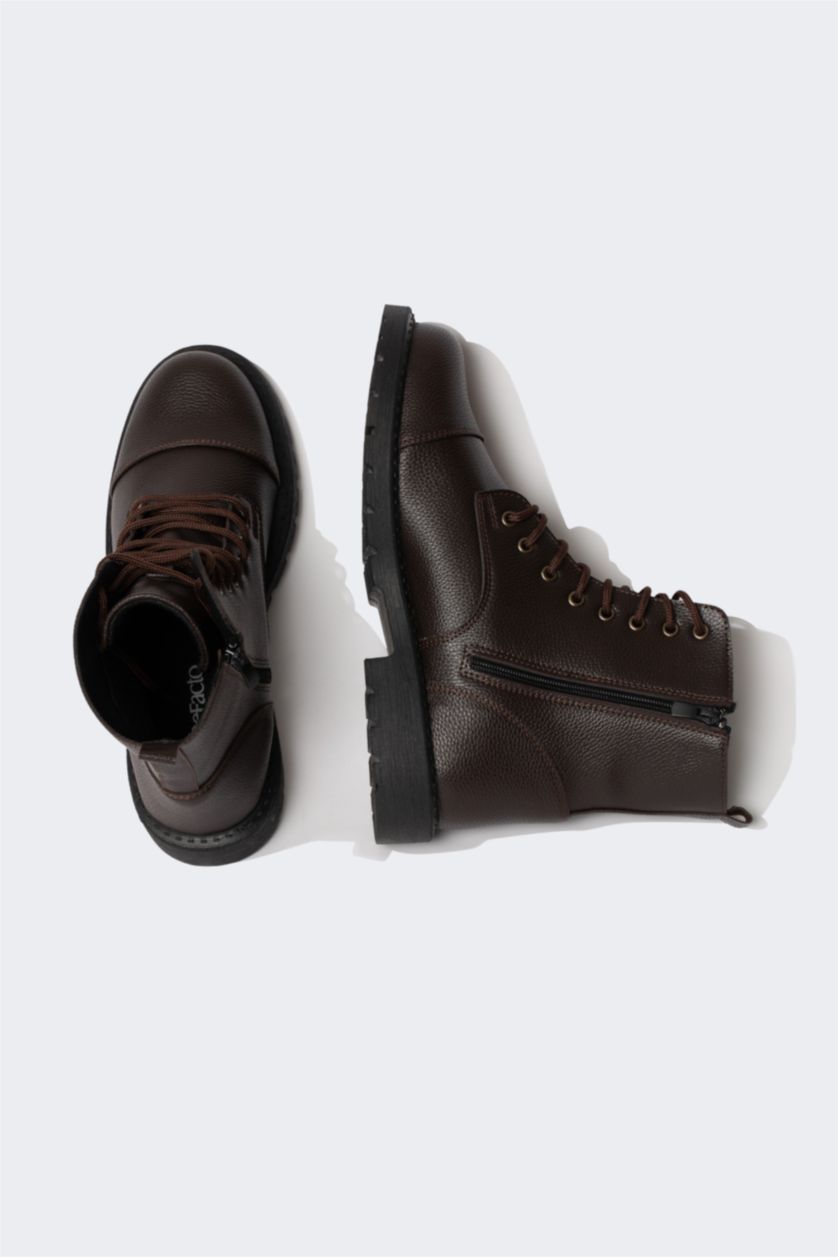 رجالي بني بوت رجالي جلد صناعي بكعب عالي برباط وسوسته