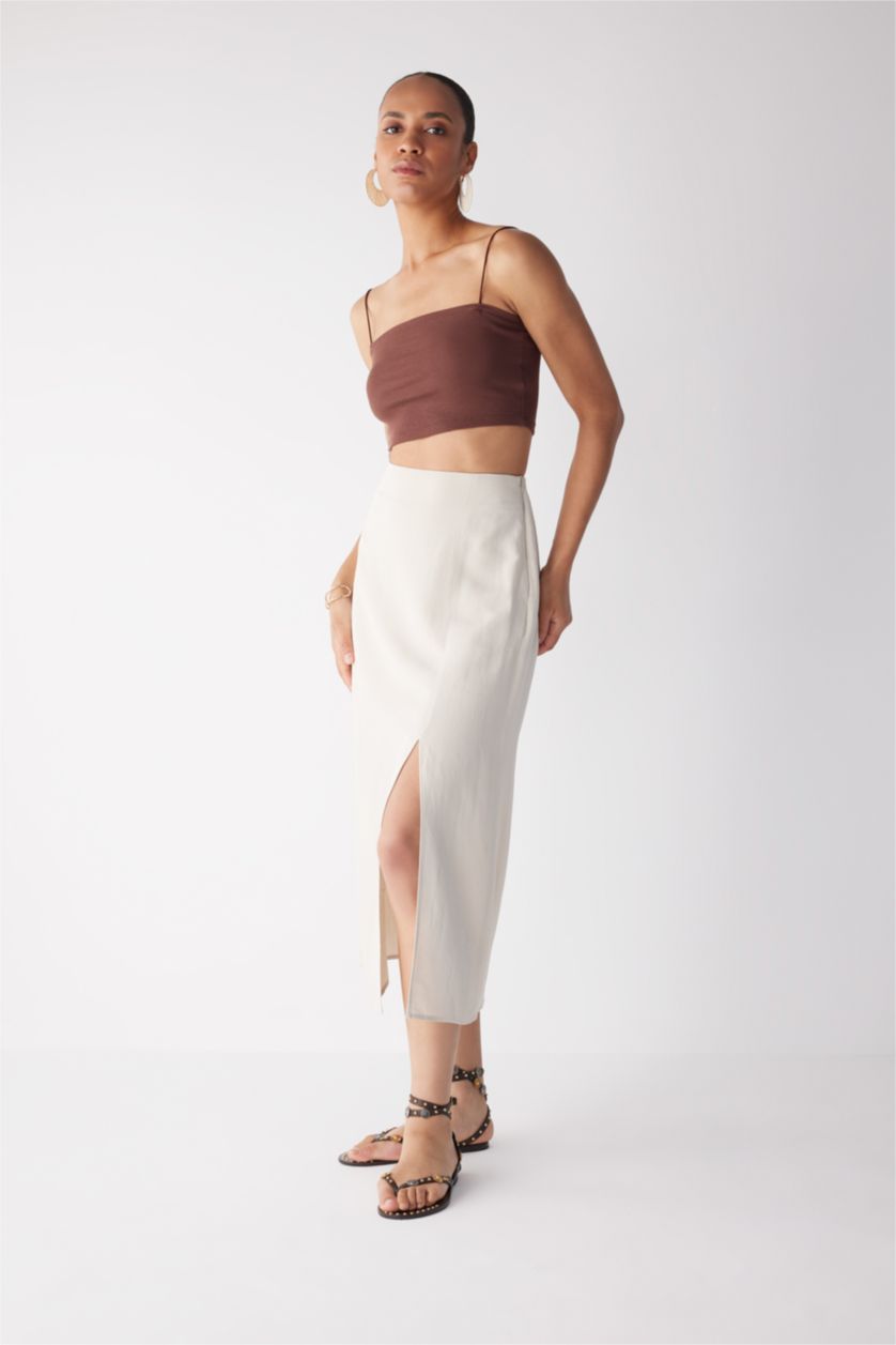 FEMME Beige Jupe Lin Mélangé Taille Normale Doublé