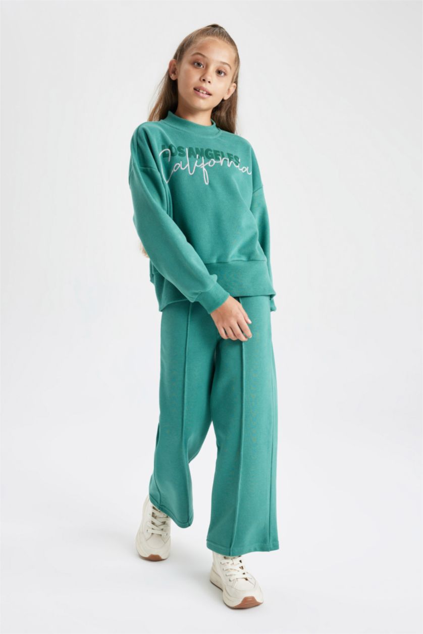 بناتي أخضر طقم بناتي بقصة مريحة سويت شيرت و بنطلون - قطعتين