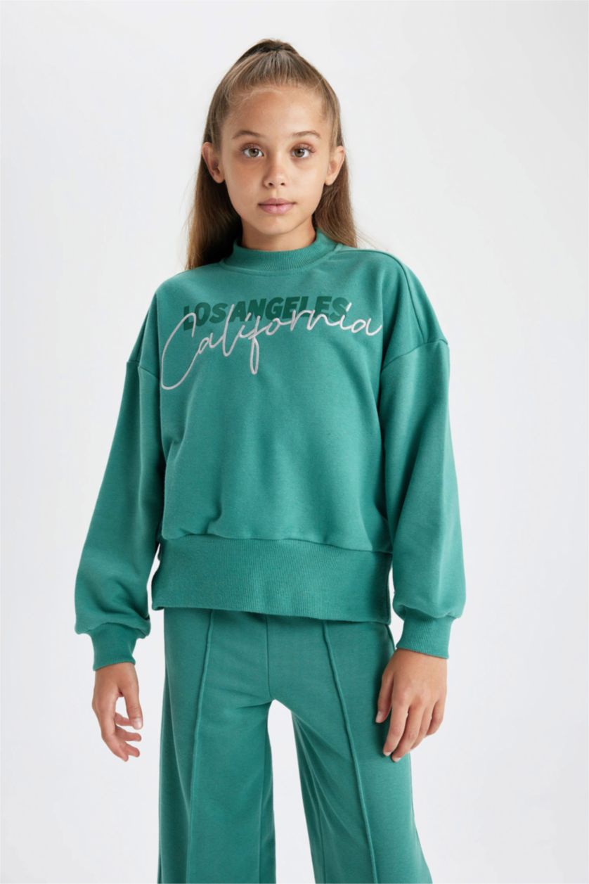 بناتي أخضر طقم بناتي بقصة مريحة سويت شيرت و بنطلون - قطعتين