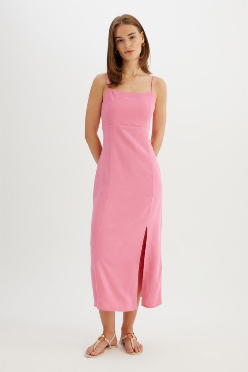 Kadın Pembe Askılı Keten Karışımlı Askılı Maxi Elbise