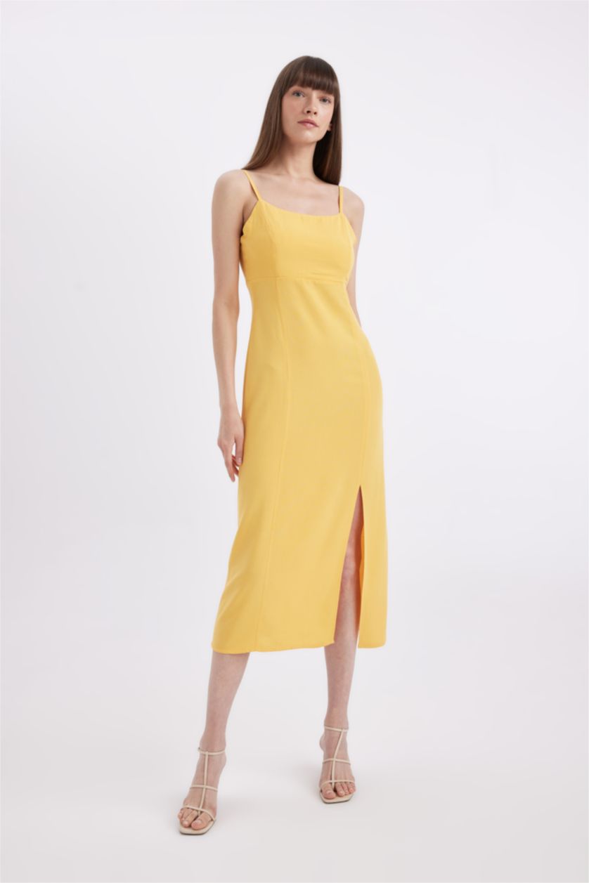 Kadın Sarı Askılı Keten Karışımlı Askılı Maxi Elbise