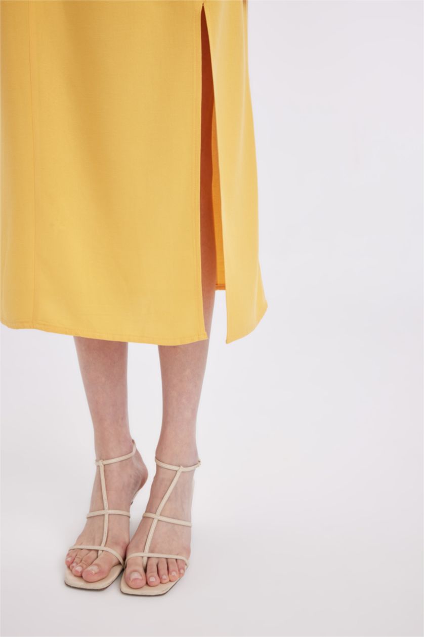 Kadın Sarı Askılı Keten Karışımlı Askılı Maxi Elbise