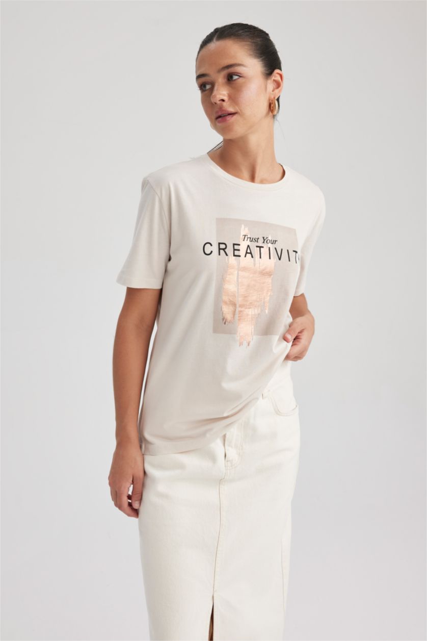 FEMME Beige T-Shirt Coton Coupe Régulière Imprimé à Col Rond à Manches Courtes
