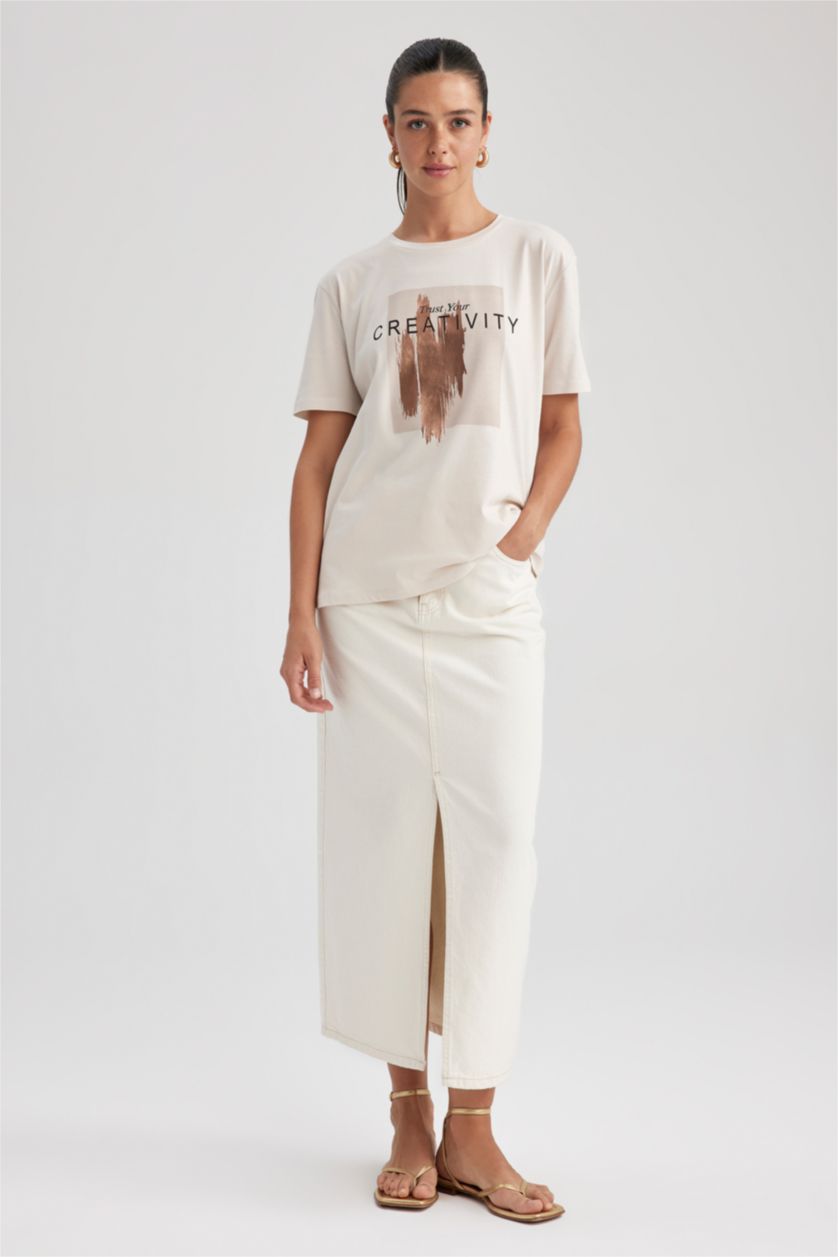 FEMME Beige T-Shirt Coton Coupe Régulière Imprimé à Col Rond à Manches Courtes