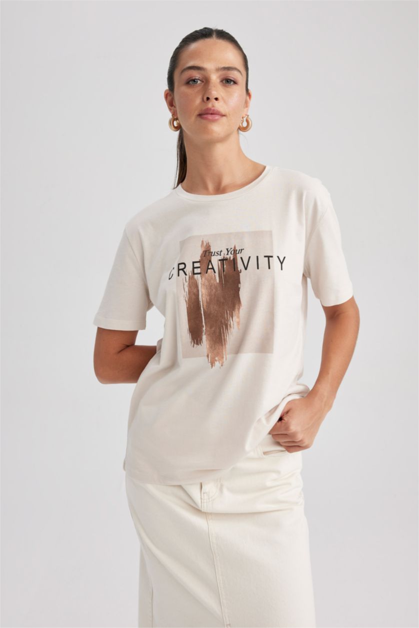 FEMME Beige T-Shirt Coton Coupe Régulière Imprimé à Col Rond à Manches Courtes