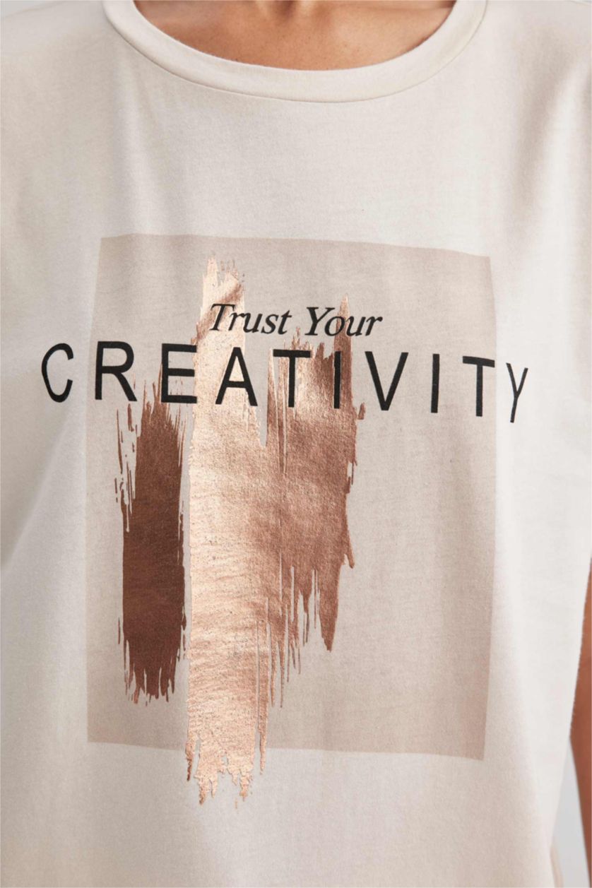 FEMME Beige T-Shirt Coton Coupe Régulière Imprimé à Col Rond à Manches Courtes