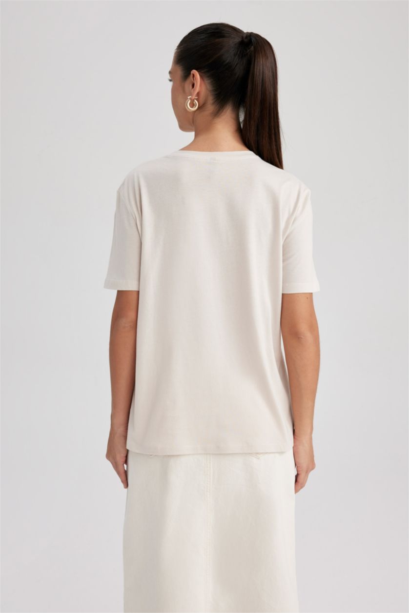 FEMME Beige T-Shirt Coton Coupe Régulière Imprimé à Col Rond à Manches Courtes