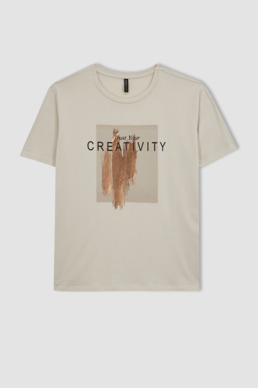 FEMME Beige T-Shirt Coton Coupe Régulière Imprimé à Col Rond à Manches Courtes